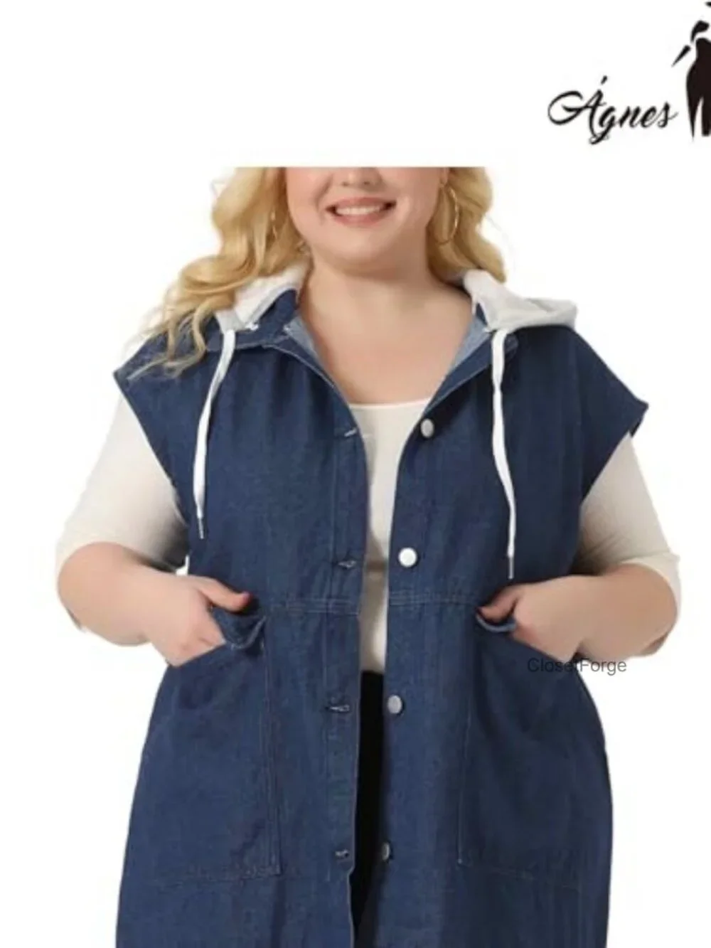 Sleeveless Denim Vest with Detachable Drawstring Hood Plus Size